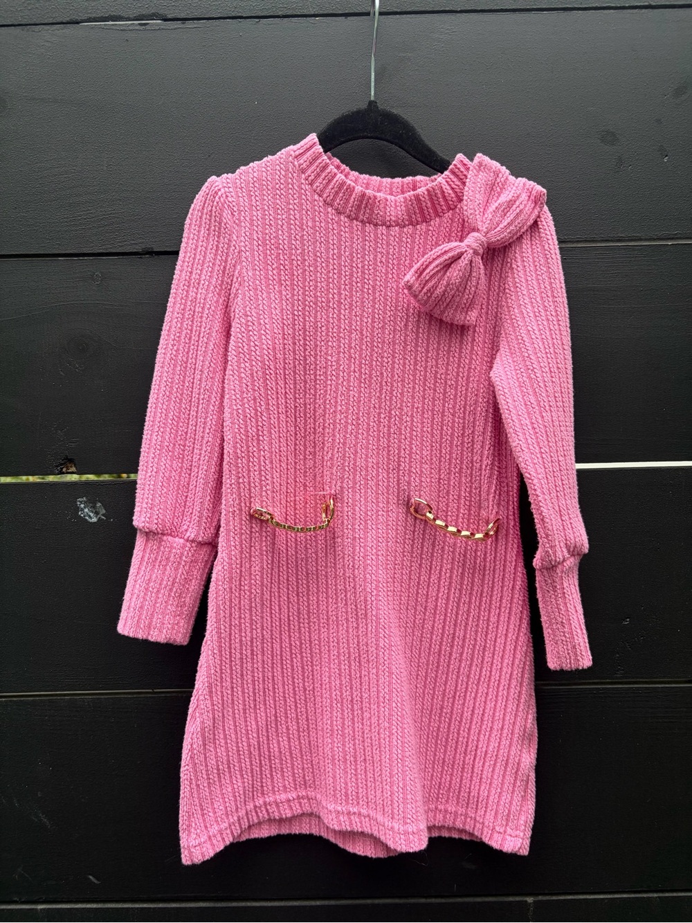 Girls Pink Italian Boutique Knit Bow Dress Gold Chain 3-4Y 104